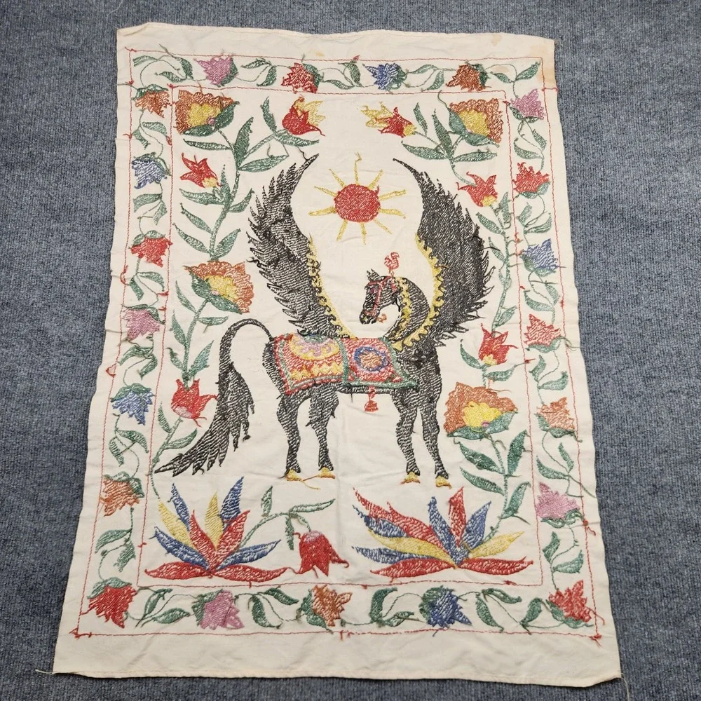 Vintage Uzbek Suzani Hand Embroidered Pegasus Winged Horse Floral Textile 31x21